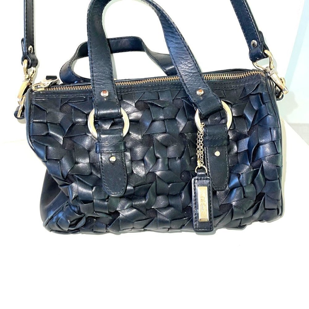 Cole Haan Leather Handbag Womens Woven Barrel Satchel Detachable Strap Black - Picture 11 of 16